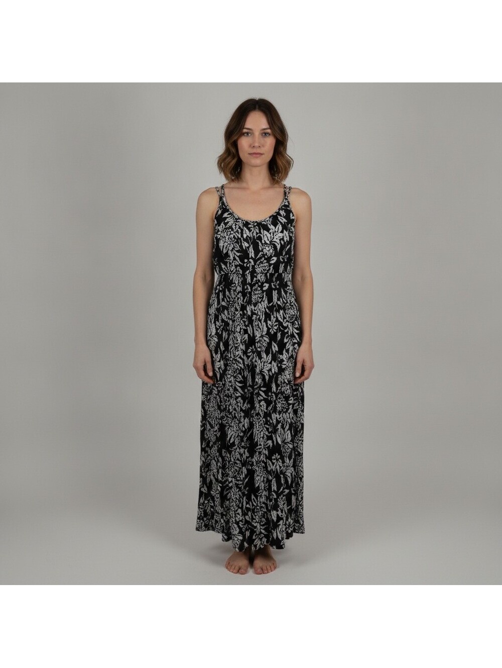 LOFT Floral Strappy Maxi Dress M Petite Black White Botanical Printed Sleeveless
